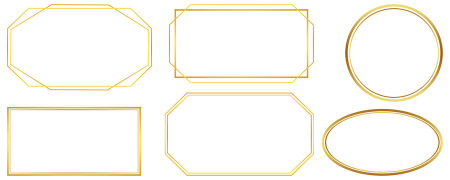 Gold geometric frame collection with elegant metallic borders in round, oval, octagon and rectangle shapes. Premium decorative outline set.