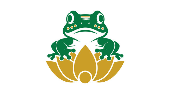 Green Frog Sitting on Lotus Flower.