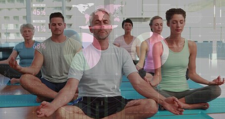 Meditating six people in athletic clothing sitting in yoga room on blue mats, showing HUD overlay © vectorfusionart