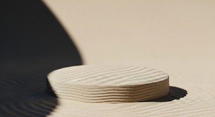 Minimalist beige stone podium with sharp shadow patterns for clean professional product display and organic branding
