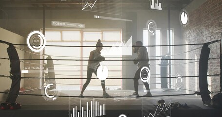 Sparring male and female fighters wearing hoodie, leggings and gloves inside boxing ring, with HUD