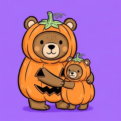 Cute Bear Family in Pumpkin Costumes for Halloween.
