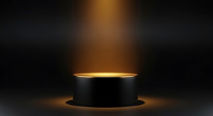 Professional dark studio podium with warm overhead spotlight for premium product showcase and corporate brand presentations