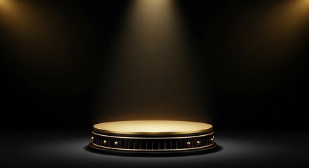 Luxury golden podium with warm overhead spotlight for premium product showcase and professional corporate branding
