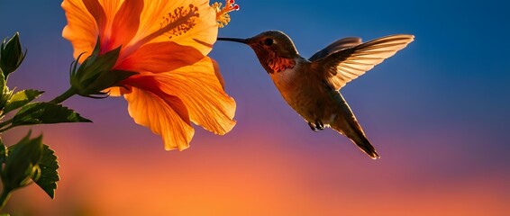 Fototapeta premium Hummingbird feeding on vibrant orange hibiscus flower against colorful sunset sky. Nature wildlife photography perfect for garden and tropical themes.