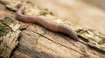Obraz premium Earthworm crawling on weathered wooden log surface with moss and lichen growth in natural outdoor garden environment for composting and soil health.