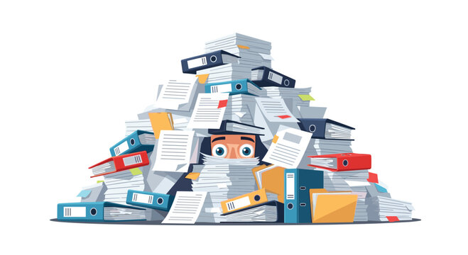 A person peeks out from behind a massive pile of white papers and colorful office binders against a plain white background in a cartoon style.