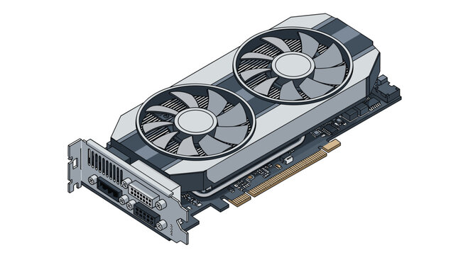 A grey and black dual fan graphics card for a computer is shown from an isometric perspective featuring a silver rear mounting bracket.