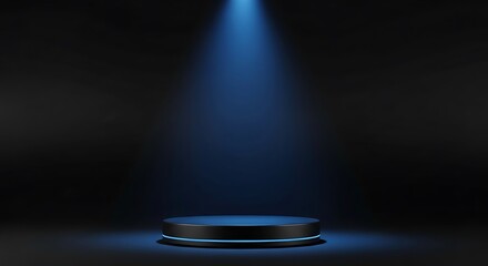 Dark minimalist studio podium with a blue overhead spotlight for professional tech product showcase and brand visuals