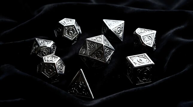 Luxury metal polyhedral dice set with intricate engravings on black velvet fabric for tabletop gaming and role-playing adventures.