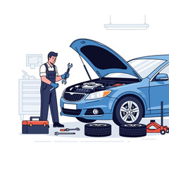 Naklejka premium Mechanic working on a blue car engine in a workshop, auto repair service, vehicle maintenance