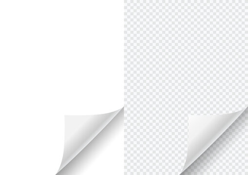 Blank page with curled edge corner and shadow, rolled up stickers, peel banners, bent sheet, page curl with shadow on blank sheet, curled page corner isolated on transparent and white background