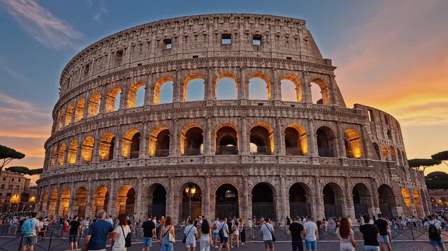 Colosseum at sunset with people