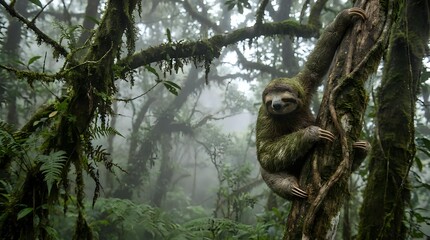 Obraz premium Sloth hanging on moss-covered tree branch in misty tropical rainforest. Wildlife photography showcasing slow-moving mammal in natural cloud forest habitat.