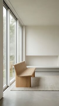 Minimalist wooden bench in modern interior with large windows and natural light creating serene architectural space for contemporary home design.