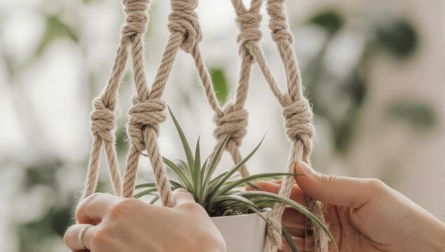 Close-up of a plant in a macrame plant hanger, indoor decor.
