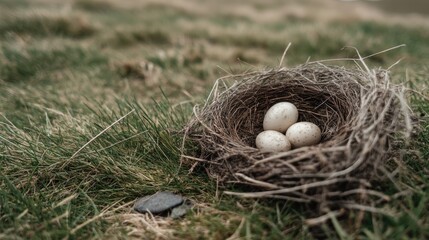 Nest with Three Speckled Eggs on Green Grass Amidst a Calm Natural Setting, Ideal for Capturing the Essence of Wildlife and Nature Photography