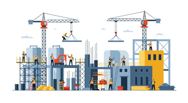 Industrial workers in yellow safety vests manage a complex construction project featuring red tower cranes and large storage tanks under a white sky.