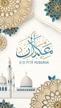 Eid ftr mubarak celebration with mosque and arabic calligraphy