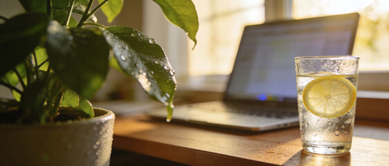 Refreshing Workspace Hydration Concept with a Glass of Lemon Water, Potted Green Plant with Dew Drops, and a Laptop on a Wooden Desk Bathed in Warm Golden Hour Sunlight for Wellness and Focus.