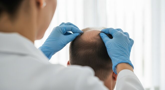 Dermatologist examining male patient scalp with alopecia. Professional trichologist doctor in blue gloves checking hair loss and thinning on man's head during consultation in medical clinic
