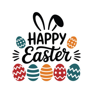 Happy Easter text with bunny ears and decorated eggs illustration.