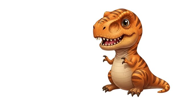 A cartoon dinosaur with a big smile and sharp teeth standing on its hind legs, viewed from the side