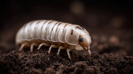 Plump white beetle larva with dark spots burrowing into rich, dark soil in a close-up nature view