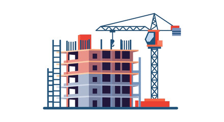 Obraz premium Construction site with crane and building under construction on white background