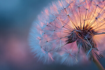 Obraz premium A close-up view of a dandelion clock with delicate seeds against a softly blurred background of pink and blue hues at sunset