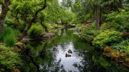 Obraz premium Tranquil Park Scene with Ducks Swimming in a Serene Pond Surrounded by Lush Greenery and Majestic Trees on a Calm Overcast Day