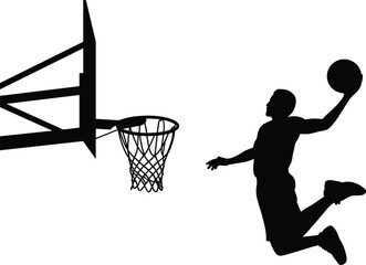 Basketball player silhouette, black vector illustration, slam dunk action, athletic sports pose, dynamic movement concept, hoop and net design, competitive energy © Gita