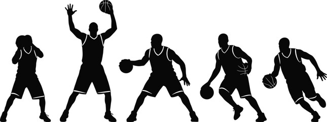 Basketball player silhouettes performing dribbling, shooting and dunking actions, dynamic sports motion figures isolated in black vector illustration on white background design © Gita