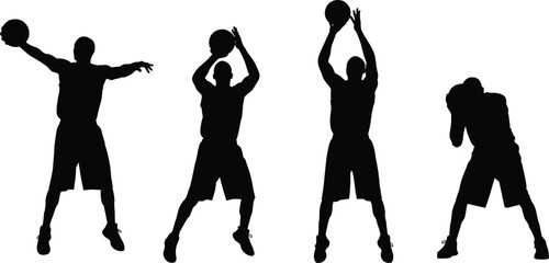 Basketball player silhouettes set, jumping shooting passing poses in action, black and white flat vector illustration for sports training design © Gita