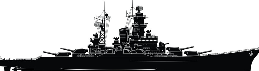 Battleship silhouette illustration showing powerful naval warship with heavy artillery, military sea combat vessel concept isolated on white background for defense and history design © Gita