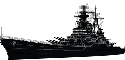 Battleship warship vector illustration with detailed naval artillery and superstructure, black silhouette icon for military history, maritime defense, ocean warfare design © Gita