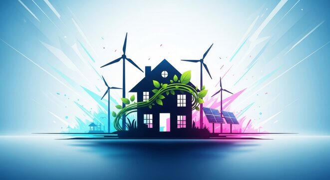 A conceptual illustration blending a modern home silhouette with sustainable energy elements, signifying eco-friendly living and savings, efficient building, reduced consumption, building