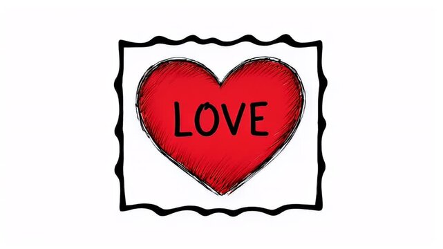 stylized depiction of the word love inscribed within a large red heart