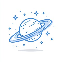 Vector illustration of a blue planet with rings, surrounded by stars, on a white background