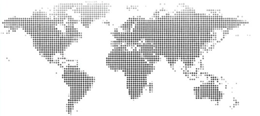 A stylized world map created using a pattern of evenly spaced dots, showing global continents