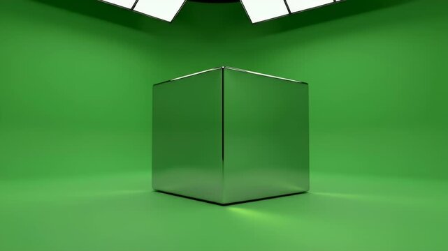 A metallic cube sits center in a green backdrop, lit from above