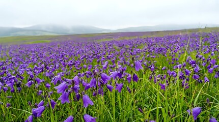Fototapeta premium Purple wildflower meadow stretching across rolling hills under overcast sky. Natural spring landscape with vibrant violet blooms in grassland field.