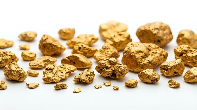 Golden nuggets and flakes scattered on white background, precious metal mining treasure, wealth investment concept for financial design projects.