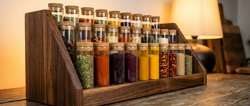 Wooden spice rack with glass test tubes filled with colorful herbs and spices on kitchen counter for cooking and culinary organization.
