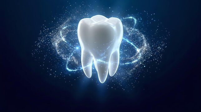 White tooth with glowing energy particles and light effects on dark blue background for dental care and oral health concepts.