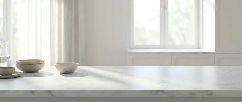 Empty white marble kitchen counter with ceramic bowls in bright modern interior with window light for product display and food photography.