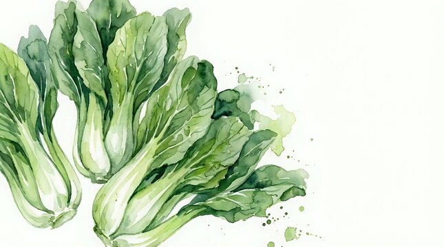 Fresh green bok choy vegetables with watercolor splashes on white background, organic Asian leafy greens for healthy cooking and nutrition concepts.