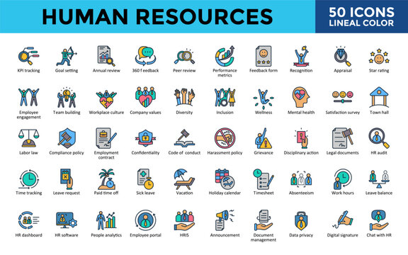 Human Resources icons set with kpi tracking, goal setting, annual review, 360 feedback, peer review, performance metrics, feedback form, confidentiality icon. Simple lineal color vector 
