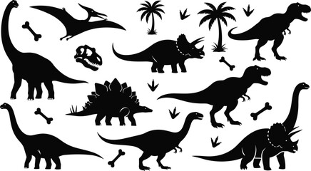 Dinosaur silhouette collection with T Rex, Triceratops and Stegosaurus, prehistoric animals and palm trees vector set in black and white © Gita