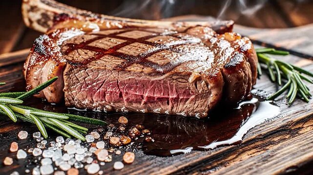 Grilled tomahawk steak cooked medium rare with fresh rosemary and sea salt on a dark rustic wooden board.